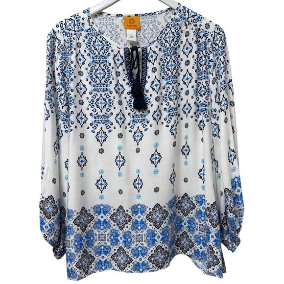 Ruby Rd. Peasant Top Size Medium Blue White Boho Long Sleeve Womens Blouse - Picture 1 of 10